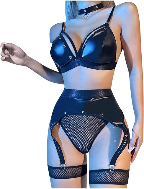 Women's Lingerie Set 3Pcs PU Leather Bra Top Mini Skirt Lace Up Teddy Babydoll Sleepwear Sexy Party Clubwear