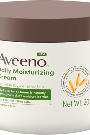 Aveeno Daily Moisturizing Cream with Prebiotic Oat & Shea Butter for Body, Face & Hands Moisturizer Cream, Hydrates Normal to Dry, Sensitive Skin for 48 Hours, Fragrance Free, Non-Comedogenic, 20 oz