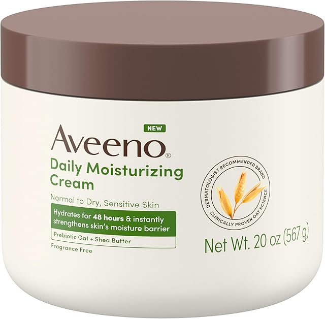 Aveeno Daily Moisturizing Cream with Prebiotic Oat & Shea Butter for Body, Face & Hands Moisturizer Cream, Hydrates Normal to Dry, Sensitive Skin for 48 Hours, Fragrance Free, Non-Comedogenic, 20 oz