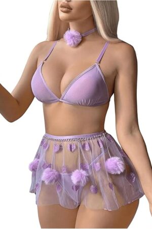 Women's 5 Piece Lingerie Sets V Neck Bra and Panty with Mesh Skirt