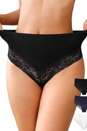 Womens High Waisted Underwear Cotton Bikini Panties Sexy Lace Hispter No Show Soft Stretch Cheeky Panties 3 Pack