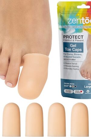 ZenToes 6 Pack Gel Toe Cap and Protector - Cushions and Protects to Provide Relief from Missing or Ingrown Toenails, Corns, Blisters, Hammer Toes (Large, Beige)