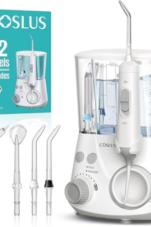 COSLUS Professional Water Flosser for Teeth: 2 Modes & 12 Pressure Settings Electric Dental Pick for Orthodontic, Braces, Sensitive Gums - Home Use, ??5 Jet Tips for Multiple Users, Family, White, E2