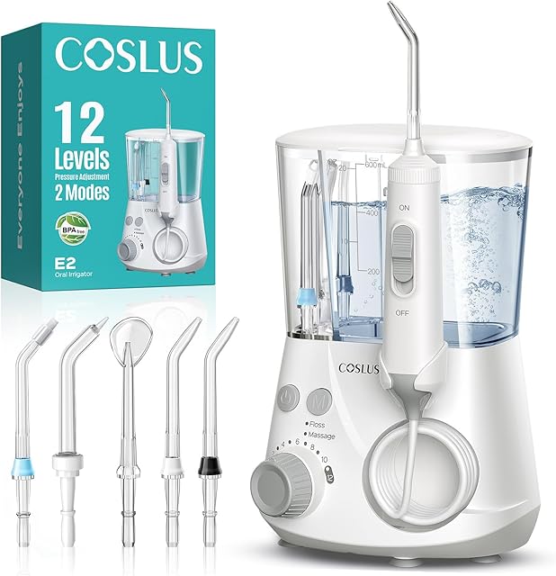 COSLUS Professional Water Flosser for Teeth: 2 Modes & 12 Pressure Settings Electric Dental Pick for Orthodontic, Braces, Sensitive Gums - Home Use, ??5 Jet Tips for Multiple Users, Family, White, E2