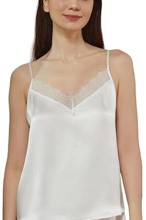 Women Silk Camisole Leaver Lace Patched Cute Sexy Silk Cami Top Lingerie Silk Sleepwear Ladies Soft