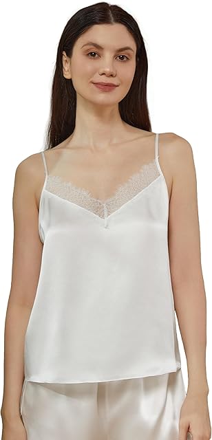 Women Silk Camisole Leaver Lace Patched Cute Sexy Silk Cami Top Lingerie Silk Sleepwear Ladies Soft