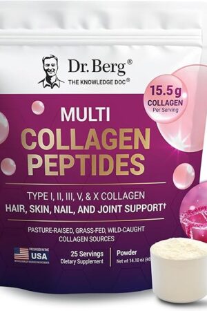Dr Berg Multi Collagen Peptides Powder Types I, II, III, V, X - Unflavored Collagen Powder w/ 14 g of Protein - Grass-Fed, Pasture-Raised & Wild-Caught Collagen Sources - 25 Servings