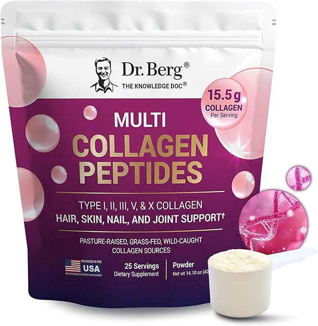 Dr Berg Multi Collagen Peptides Powder Types I, II, III, V, X - Unflavored Collagen Powder w/ 14 g of Protein - Grass-Fed, Pasture-Raised & Wild-Caught Collagen Sources - 25 Servings