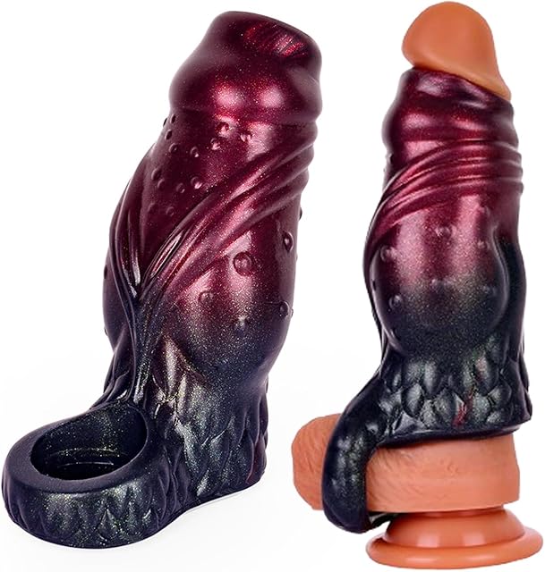 Hollow Dildo Sleeve Monster Realistic Penis Sleeve with Penis Ring, Silicone Penis Enlargement Sleeve Reusable Men Sex Tool Penis Enlarger Sleeve Adult Sex Toy for Men (S)