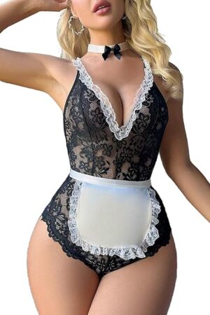 Women Sexy Maid Outfit, Deep V Lace Floral Anime Costume Mini Babydoll Bodysuit Lingerie for Cosplay, Roleplay, Anniversary