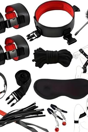 BDSM Kit Sex Bondage Restraints Adult Sex Toys,Upgrade Sex Restraints Set 11PCS Handcuffs Collar Ankle Cuff Blindfold Feather Tickler Gags Sex Rope Adult Games Couple Sex Toys for Women Men (Red)