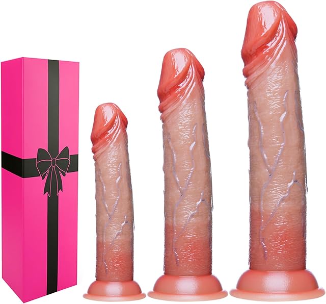 3 Pcs Realistic Silicone Beginner Slim Dildo Training Set (Small 57" Medium 68" Large 77"), G-spot Suction Cup Dildo for Vaginal Pleasure, Strap-On Dildos Penis Anal Plug Sex Toys for Women Men Gay
