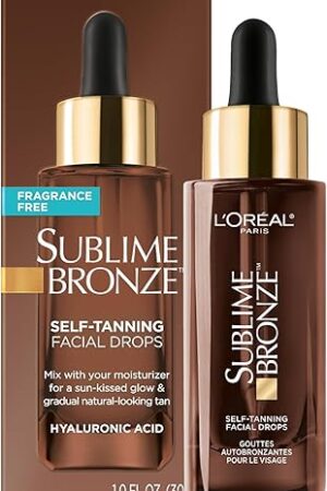 L'Oreal Paris Sublime Bronze Self Tanning Facial Drops with Hyaluronic Acid, Gradual Tan, Fragrance-Free, 1 fl Oz