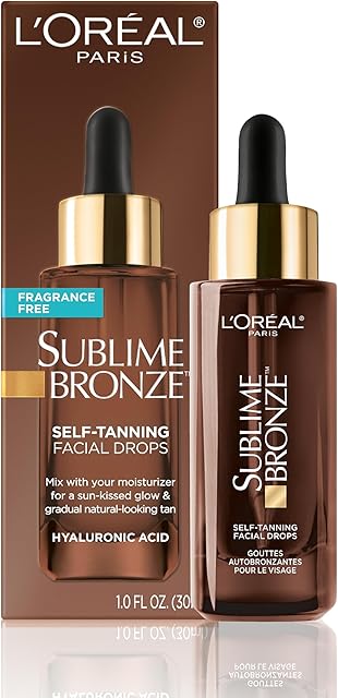 L'Oreal Paris Sublime Bronze Self Tanning Facial Drops with Hyaluronic Acid, Gradual Tan, Fragrance-Free, 1 fl Oz