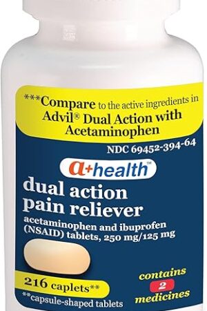 Dual Action Acetaminophen 250 mg and Ibuprofen (NSAID) 125mg Pain Reliever Caplets, 216 Count