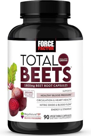 Force Factor Total Beets Blood Pressure Support Beet Root Capsules, 1800mg Organic Beet Root Powder Beet Supplement with Hawthorn Berry to Support Circulation and Blood Flow, 90 Vegetable Capsules