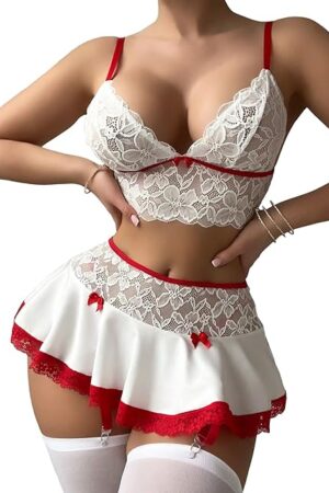 Women's 3 Piece Lingerie Set Floral Lace Bow Garter Babydoll Lingerie Skirt Set