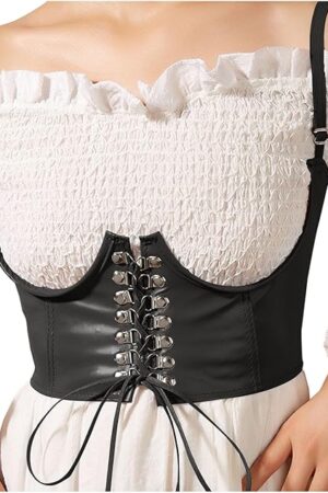 Women Faux Leather Corset Waist Belt Elastic Wide Underbust Corset Lace-up Steampunk Goth Waspie Belt for Halloween