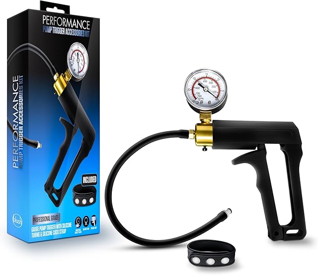 Blush Performance Plus Penis Pump Trigger 8.5" w/Silicone Tube & Cock Strap, Gauge & Vacuum Valve - Nterchange Compatible Suction Tube - Men's Size Enhancement Upgrade Accessory - (Black)