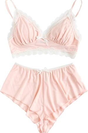 Women's Lace Trim Underwear Lingerie Straps Bralette and Panty Set