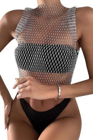 Women Sexy Mesh Tank Tops Diamond Hollow Out See Through Crop Tops for Festival Club Rave Outfit