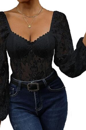 Women's Lace Bodysuit Mesh Floral Puff Long Sleeve Body Suits Sexy Sweetheart V Neck Going Out Tops Shirts