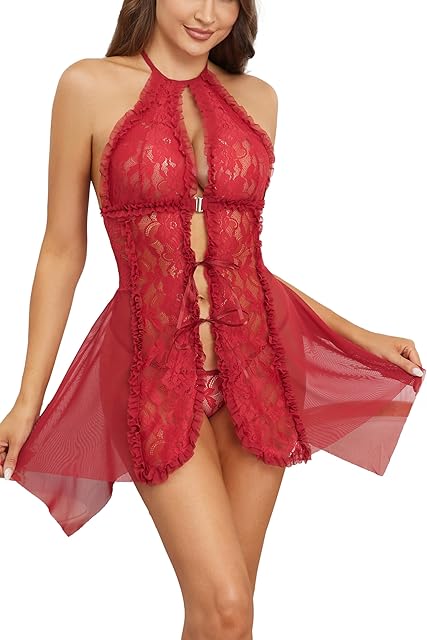 Women Sexy Lingerie Mesh Halter Babydoll Open Front Lace Chemise