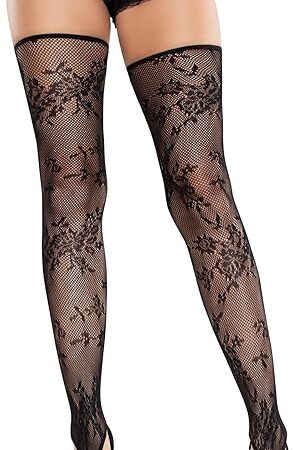 Womens Floral Tights with Toe Loop, Footless Fishnet Stockings for Women, Black, One Size