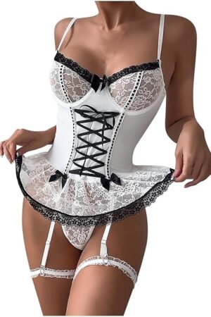 2 Piece Lingerie Sets for Women Mesh Lace Tie Front Bodysuit Panty Sexy Babydoll Corset Teddy Chemise with Garter Belt