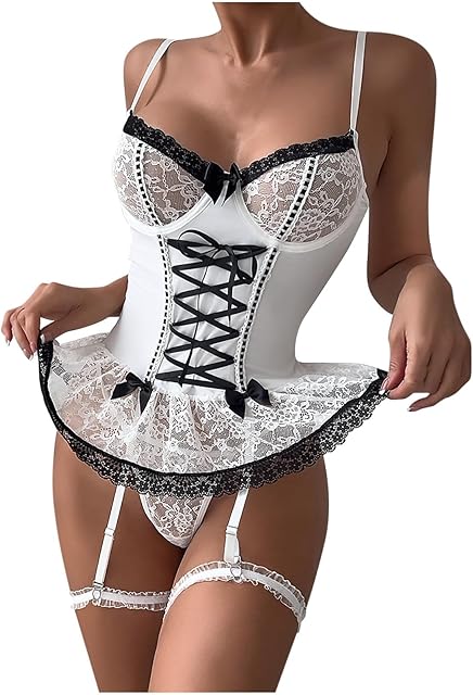 2 Piece Lingerie Sets for Women Mesh Lace Tie Front Bodysuit Panty Sexy Babydoll Corset Teddy Chemise with Garter Belt