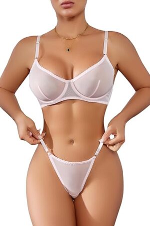 Honeymoon Lingerie Mesh Bra And Thong Set Push Up Lingerie Sexy Underwear For Women