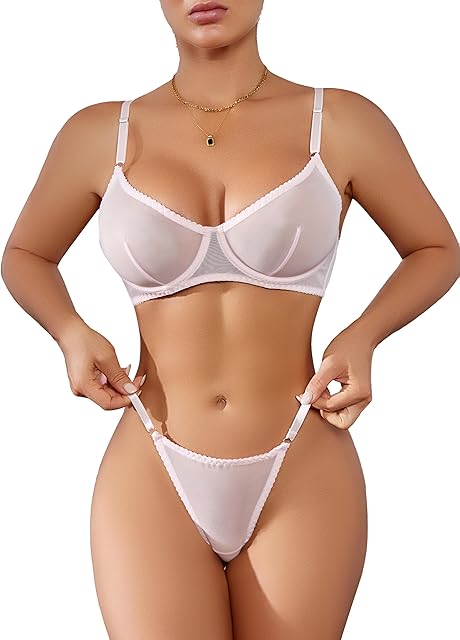 Honeymoon Lingerie Mesh Bra And Thong Set Push Up Lingerie Sexy Underwear For Women
