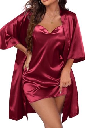 Women's Satin Robe Set Nightgown with Robes Silk Pajama Set 2 Pieces Lingerie Cowl Neck Cami Sleepwear Sets