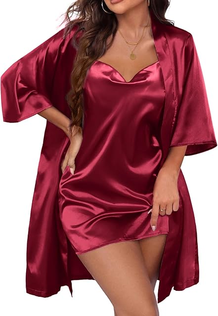 Women's Satin Robe Set Nightgown with Robes Silk Pajama Set 2 Pieces Lingerie Cowl Neck Cami Sleepwear Sets
