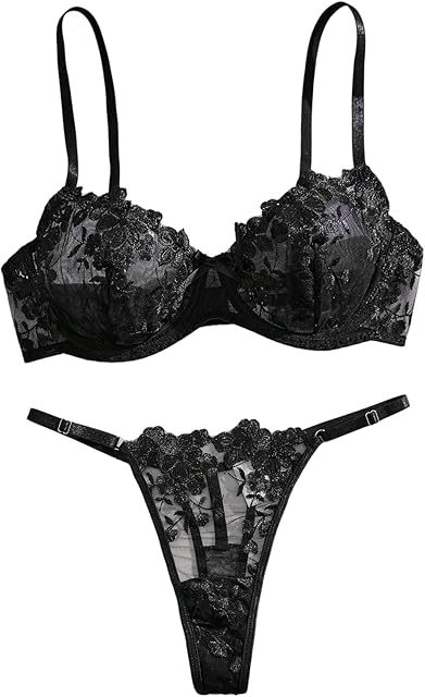 Women's Floral Embroidered Mesh Sheer Lingerie Set Underwire Bra and Panty Set