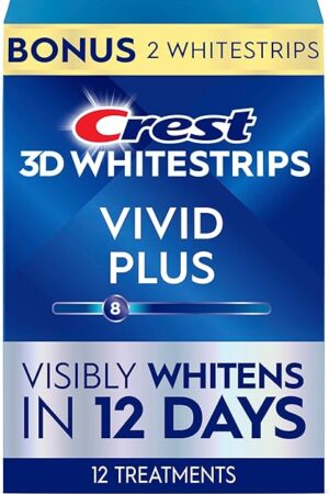 Crest 3D Whitestrips Vivid Plus, Teeth Whitening Strip Kit, 10 Treatments + 2 Bonus Treatments (Each with 1 Upper/1 Lower Strip), 24 Strips, 8 Levels Whiter, Teeth Whitening Kit