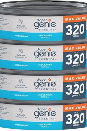 Diaper Genie Essentials Round Refill Pack of 4 | Holds Up to 1280 Newborn Diapers | Features Unscented Continuous Film | Compatible with Diaper Genie Complete and Expressions Pails