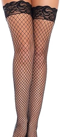 Women's Industrial Fishnet Thigh Highs with Stay Up Silicone Lace Top