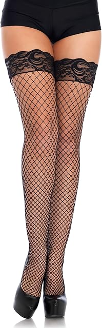 Women's Industrial Fishnet Thigh Highs with Stay Up Silicone Lace Top