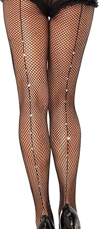 womens Fishnet Tights With Rhinestone Backseam Hosiery, Black Rhinestone, One Size US