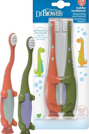 Dr Brown's Toddler Toothbrush, Dinosaur, Green and Orange, 2-Pack