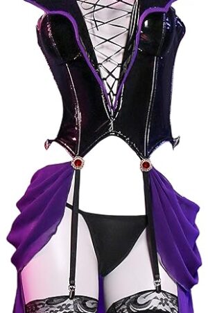 Women Adult Costume Anime Cosplay Lingerie Set Corset and Thong with Choker and Thigh Socks