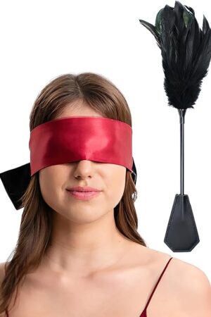 Feather Tickler for Play Feather Crop Black 15" Red Satin Eye Mask for Women 59", Kit for Beginners