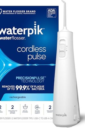 Waterpik Cordless Pulse Rechargeable Portable Water Flosser for Teeth, Gums, Braces Care and Travel with 2 Flossing Tips, Waterproof, ADA Accepted, WF-20 White, Packaging May Vary