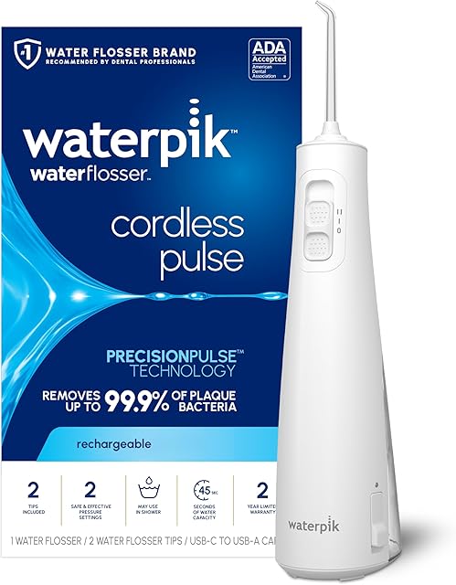 Waterpik Cordless Pulse Rechargeable Portable Water Flosser for Teeth, Gums, Braces Care and Travel with 2 Flossing Tips, Waterproof, ADA Accepted, WF-20 White, Packaging May Vary
