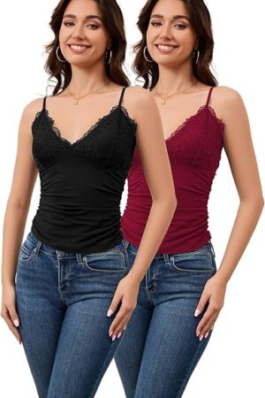 Camisole Tops for Women V Neck Lace Undershirt, Soft Cotton Spaghetti Strap Cami for Ladies Pack of 2