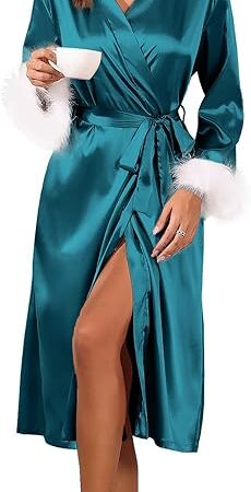 Women's Silk Robes Feather Trim Bride Bridesmaid Kimono Satin Bathrobe Long Sexy Silky Sleepwear with 3/4 Sleeve