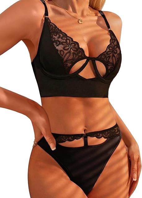 Women Sexy Lingerie Lace Patchwork Matching Bra and Panty Lingerie Sets