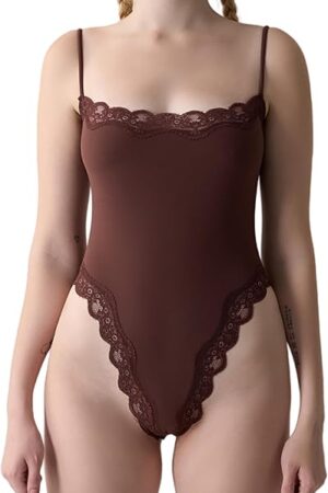 Womens Lace Bodysuits Square Neck Sleeveless Spaghetti Strap Bodysuit Tank Tops Basic Cami Shirts