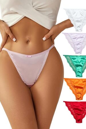 Women's Sexy Lace Satin Bikini Panties, Low Rise Hipster Cheeky Underwear Silky Lace Tanga Briefs 5 Pack